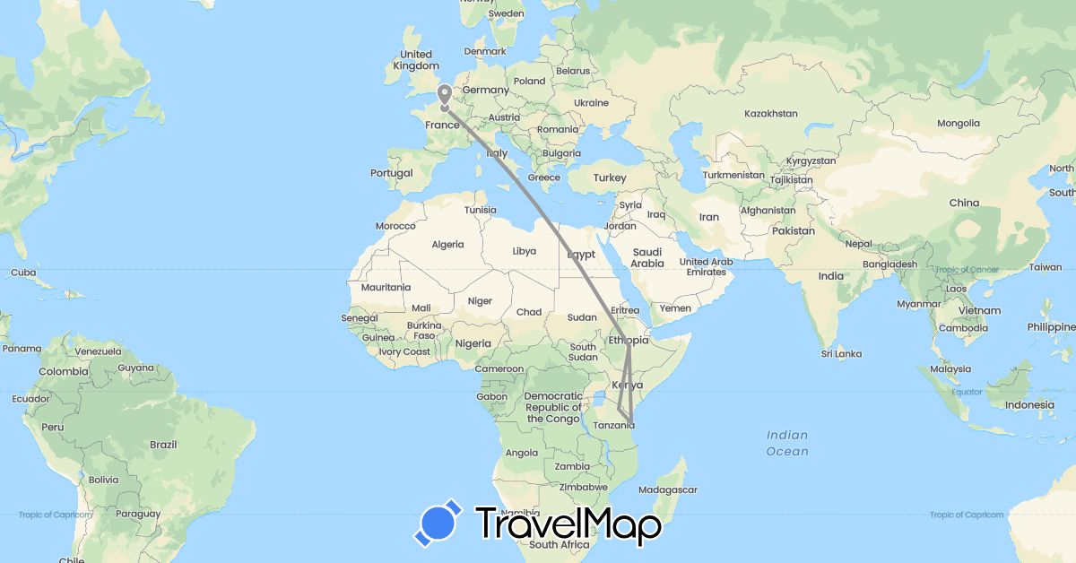 TravelMap itinerary: driving, plane in Ethiopia, France, Tanzania (Africa, Europe)